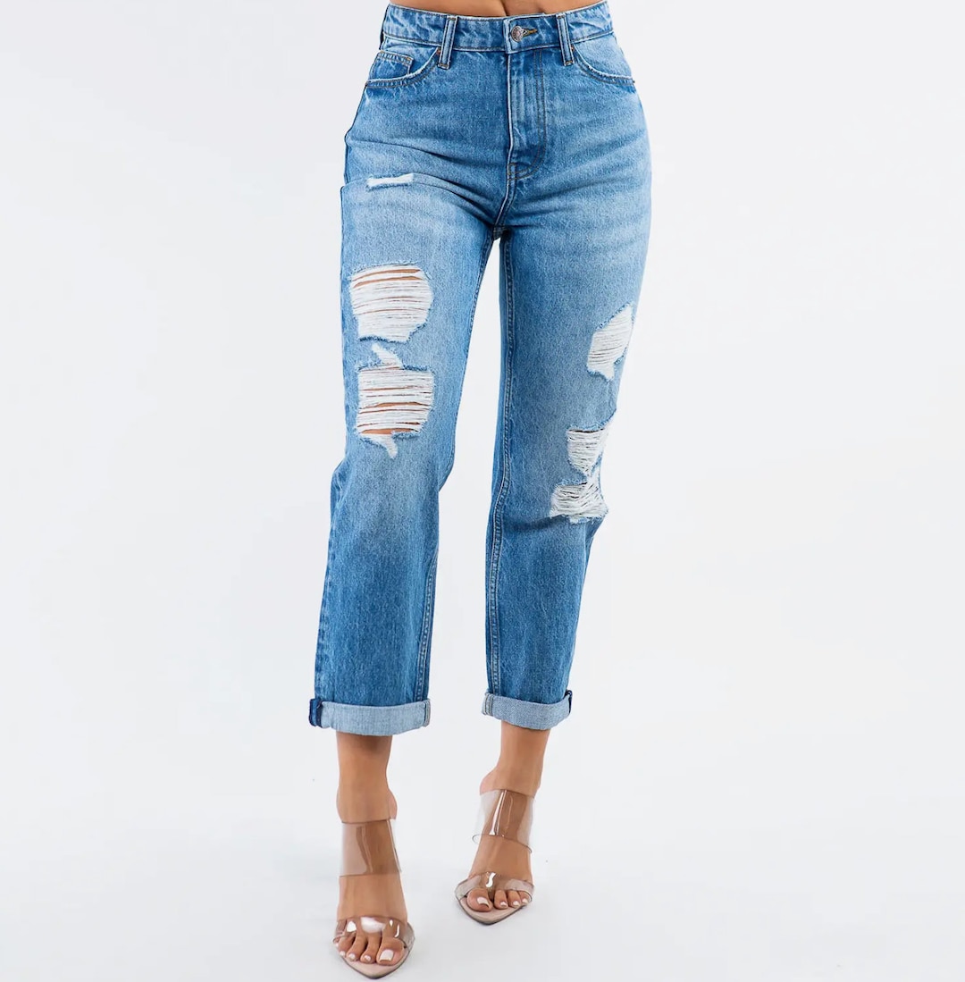 High Waist Distressed Boyfriend Jeans Etsy Canada