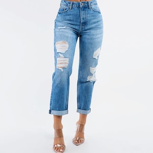 High Waist Distressed Boyfriend Jeans