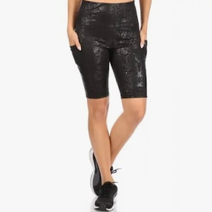 High Waist Biker Shorts with Side Pockets, Snakeskin printed workout shorts with pockets