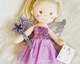 Personalised fairy ragdoll, personalised pink fairy, purple fairy, personalised baby gifts, personalised soft toys, flower girl toy