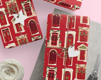 Vintage Christmas House Wrapping Paper, Elegant Red Holiday Decor