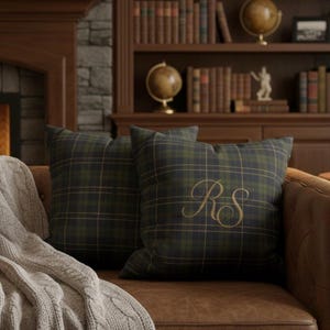 Personalized Initials Green Tartan Pillow Case, Monogram Cushion Cover Heritage Home Decor image 1