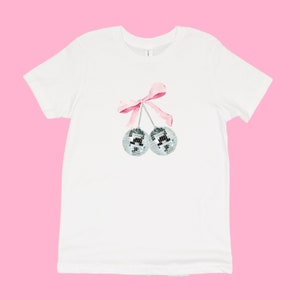 Cherry Disco with Pink bow baby tee, Mirror Ball Cinnamon Girl Aesthetic Graphic Tshirt, Christmas Gift Ideas For Friends