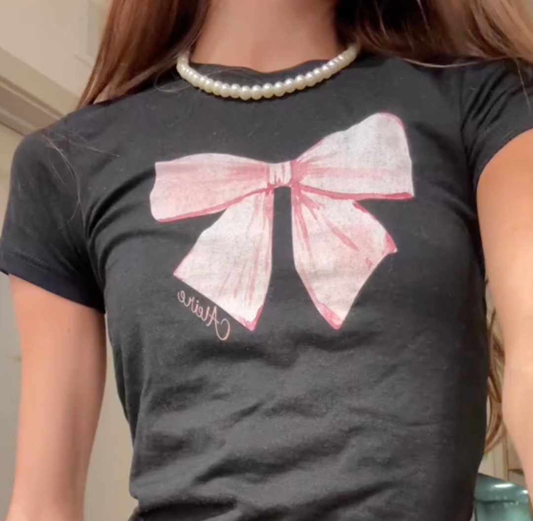Coquette Pink Ribbon Bow Baby Tee, Downtown Vanilla Girl Aesthetic Pink Bow  Baby Tee, Trending Y2k Bow Baby Tee 