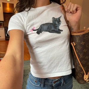 Cat with bow preppy baby tee, coquette clothing, 90s Style Full Length Baby Tee for Women, Pinterest Aesthetic Clothing, Cat lover tshirt