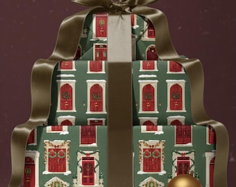 Vintage Inspired Christmas Wrapping Paper, Elegant Red Houses
