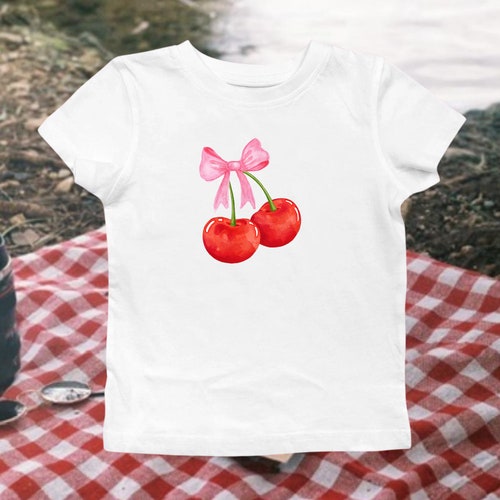 Cherry with a Bow Coquette Baby Tee, Pink Cherry Fitted Tshirt, Lana Del Rey Inspired Baby Tee, Christmas Gifts for friend, Retro Trending