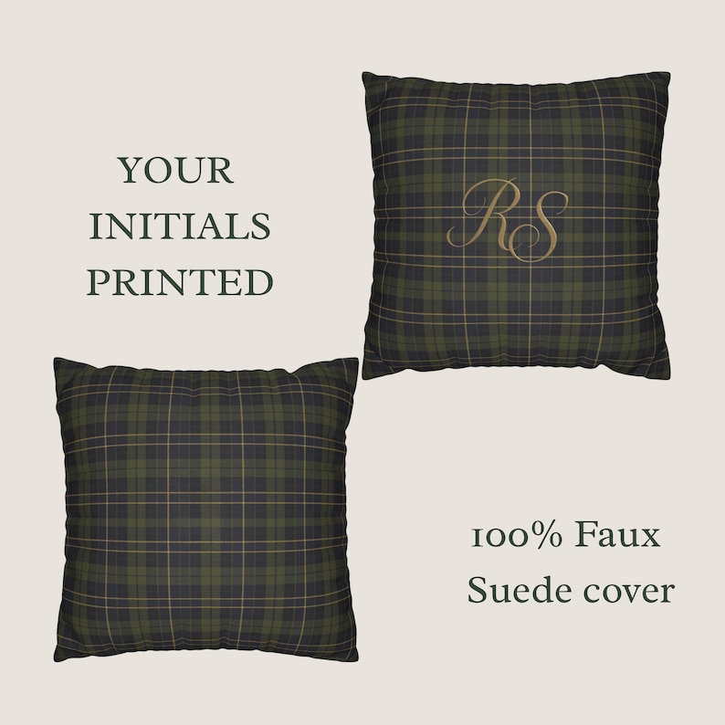 Personalized Initials Green Tartan Pillow Case, Monogram Cushion Cover Heritage Home Decor image 3