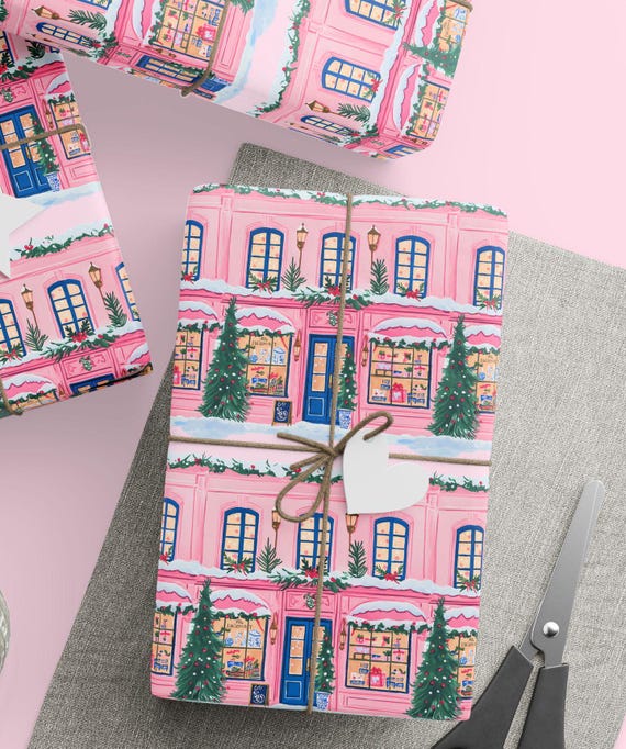 Pink Winter Village Christmas Gift Wrap, Festive Heritage Packaging