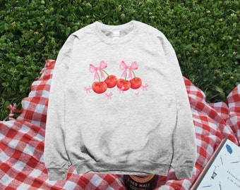 Coquette Sweatshirt, Cherry with bows coquette crewneck, coquette cherry crewneck sweatshirt for her, christmas gift ideas pink girly girl