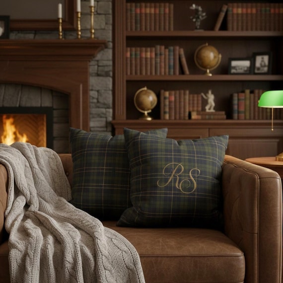 Personalized Initials Green Tartan Pillow Case, Monogram Cushion Cover Heritage Home Decor
