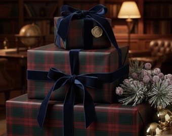 May include: Three stacked gift boxes wrapped in red and green plaid paper, tied with navy blue velvet ribbon. The top box has a gold seal. The background features a library setting with a globe, lamp, and decorative elements.