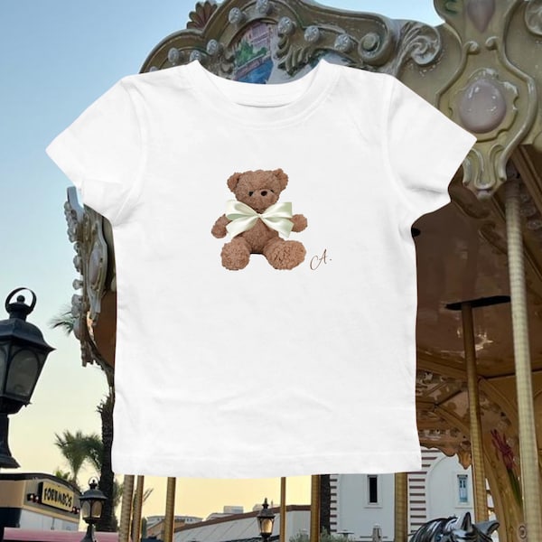 Teddy with Bow Coquette Baby Tee, Trending Full Length Baby tee for women, Late 90s fit tshirt, Back to School Outfits, Preppy Clothes