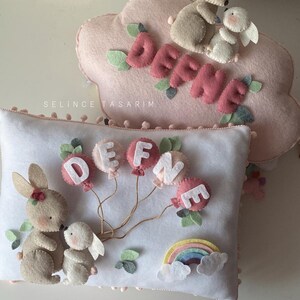 Customizable baby pillow, hand-made, with decor name and animals, hanging ornament, baby mobile