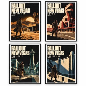 May include: A set of four framed posters featuring Fallout New Vegas artwork. Each print displays a lone figure in a long coat, with locations labeled Goodsprings, Novac, The Strip, and Hoover Dam, all dated 2018 in a bold, graphic style.