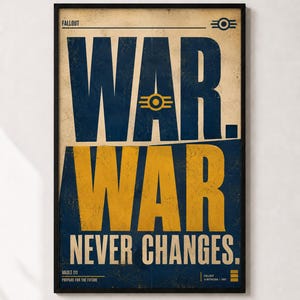 May include: A framed rectangular poster featuring the text WAR. WAR NEVER CHANGES. in large blue and yellow typography against a distressed cream background. The design includes the Fallout logo, Vault 111, and Prepare for the Future text.