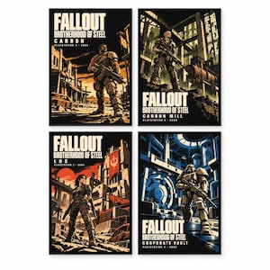 May include: A set of four rectangular wall art prints featuring Fallout Brotherhood of Steel video game imagery. Each print displays a character in tactical gear, game titles, locations like Carbon, Carbon Mill, Los, and Corporate Vault, and the year 2004.