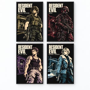 May include: A set of four framed posters featuring Resident Evil characters Carlos Oliveira, Hunk, Billy Coen, and Sherry Birkin. Each poster displays the character's name, the Resident Evil logo, and a unique background scene in a graphic art style.