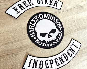PACK Patch Harley Davidson Free Biker / Independent motorcycles XXL 34cm x6.7 cm + Skull 20.5 cm iron-on motorcycle badge - Iron on