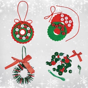 May include: A set of four felt Christmas wreath ornaments with red, green, and white buttons. The ornaments are ready to be decorated with the included buttons and ribbon.