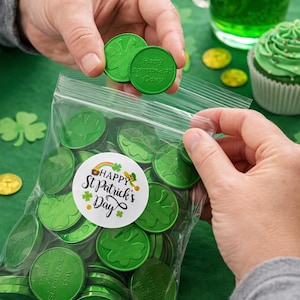 May include: A clear plastic bag filled with green, coin-shaped candies for St. Patrick's Day. The bag has a round sticker with a rainbow and the words "Happy St. Patrick's Day." Two green candies are held above the bag. A green cupcake and a mug of green beer are in the background.