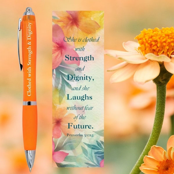 Bulk Set of 10 She is Clothed with Strength and Dignity Proverbs 31:25 Pen and Bookmark Gift Sets