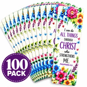 Philippians 4:13 Christian Bookmarks (Pack of 100) | Floral Bible Verse Bookmark Set Rounded Corners