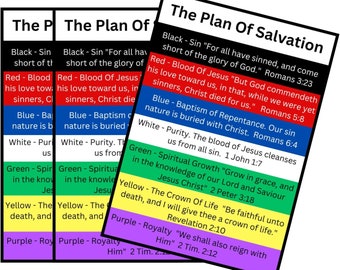 May include: A colorful chart outlining the plan of salvation with the text "The Plan of Salvation" at the top. The chart is divided into sections with different colors, each representing a step in the plan. The colors are black, red, blue, white, green, yellow, and purple. Each section includes a brief description of the step and a Bible verse.