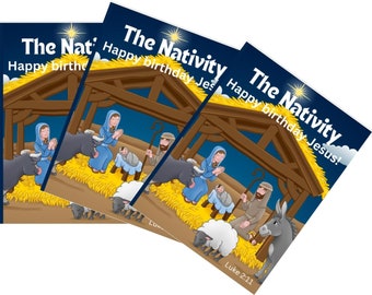 Peut inclure: Trois exemplaires d'un livre pour enfants intitulé "La Nativité" avec une couverture bleue et des illustrations de la scène de la nativité. La couverture du livre représente une crèche avec un bébé Jésus, Marie, Joseph, un âne, une vache et un mouton. Le texte sur la couverture est "Joyeux anniversaire Jésus !" et "Luc 2:11".