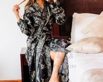 Space Black Jungle Design Zijden Kimono Robe, Cashmere Kamerjas, Omkeerbaar, Loungewear, Badjassen, Huisjas, Bruidsgewaad, Cadeau voor haar