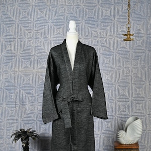 Charcoal  Wool Robe, Reversible Dressing Gown, Bathrobe, Loungewear, Kimono Robe, Wedding Morning Robe , Unisex Coat, Gift for Him/Her