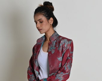 Wine Floral Cashmere Coat, Women Cashmere Jacket, Long Silk Coat, Trench Coat, Women Coat, Wedding Guest Outfit, Cardigan, Gift for Her