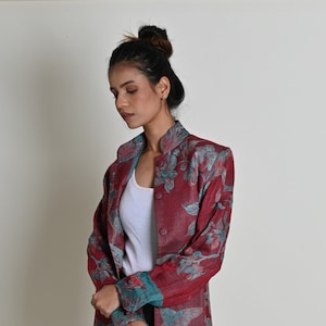 Wine Floral Cashmere Coat, Women Cashmere Jacket, Long Silk Coat, Trench Coat, Women Coat, Wedding Guest Outfit, Cardigan, Gift for Her Wine