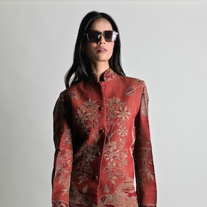 Jacket for Women, Persian Red Designer Cashmere Silk Jacket, Women Cashmere Jacket, Silk Jacket, Women Wedding Jacket, Nehru Collar Jacket,