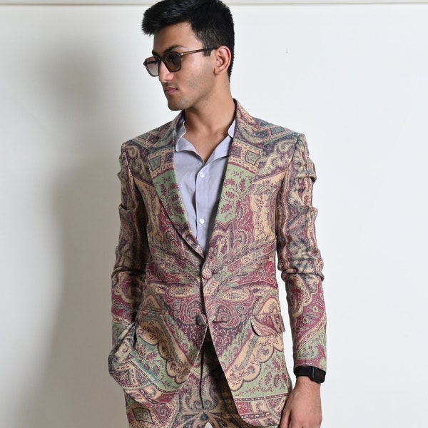 Cashmere Silk Paisley Suit, Suit For Mens, Slim Fit 2 Piece Mens Suit, Two Button Wedding Groom Party Wear Coat Pant, Designer Indian Suit