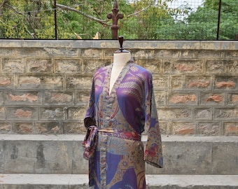 Blue Violet Dressing Gown, Beachwear, Silk Kimono Robe, Robes for Women, Bathrobe, Bridal Robe, Wedding Morning, House Coat, Gift For Her