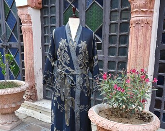 Midnight Blue House Coat, Bridal Robe, Dressing Gown, Beachwear, Silk Kimono Robe, Robes for Women, Bathrobe, Wedding Morning, Gift For Her