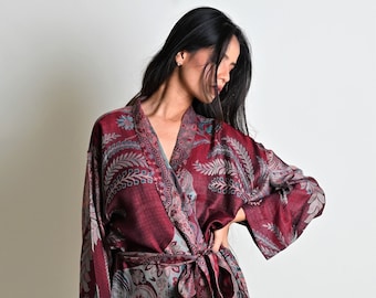 Wine Red Silk Wool Kimono Robe: Reversible Paisley Dressing Gown