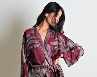 Wine Red Silk Kimono Robe, House Coat, Dressing Gown, Kaftan, Lougewear, Robe for Women, Bathrobe, Bridal Robe, Wedding Morning,Gift For Her