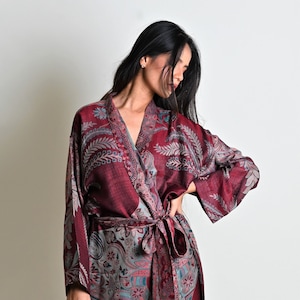 Wine Red Silk Kimono Robe, House Coat, Dressing Gown, Kaftan, Lougewear, Robe for Women, Bathrobe, Bridal Robe, Wedding Morning,Gift For Her