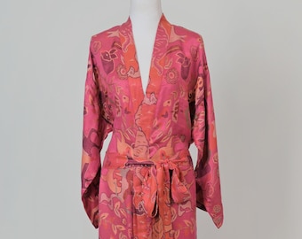 Cerise Red Silk Wool Robe: Reversible Kimono Dressing Gown