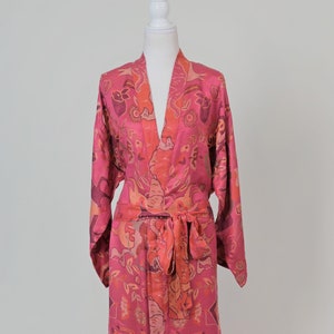 Cerise Red Long Robe, Silk Kimono Robe, Dressing Gown, Wedding Morning, Kaftan for Women, Plus Sized Robes, Loungewear, House Coat, Gift Her