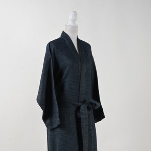 Indigo Blue Kimono Robe,  Wool Robe, Reversible Dressing Gown, Bathrobe, Lounge wear, Wedding Robe, Unisex Coat, Gift for Him/Her