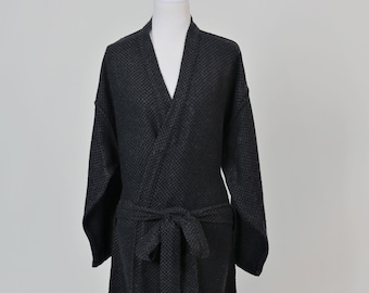 Kimono nero ebano, caftano, accappatoio, vestaglia di lana, vestaglia da camera, abbigliamento da casa, vestaglia da sposa, cappotto unisex, regalo per lui/lei