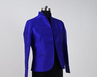 Persian Blue Silk Jacket, Women Silk Jacket,  Special Occasion, Raw Silk Blazer, Wedding Guest, Bomber Jacket, Unisex Outfit, Gift for Her