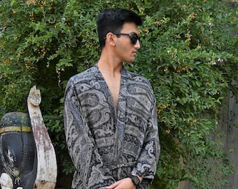 Space Black Silk Robe for Men, Dressing Gown, Reversible Robe, Men&#39;s Long Bathrobe, Silk Kimono Robe, Sleepwear, Loungwear, Groomsmen Gift