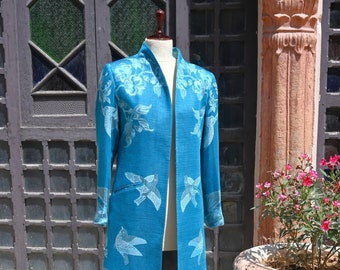 Capri Blue Bird Pattern Cashmere Coat, Women Cashmere Jacket, Long Silk Coat, Unisex Trench Coat, Wedding Guest Outfit, Cardigan, Gifts