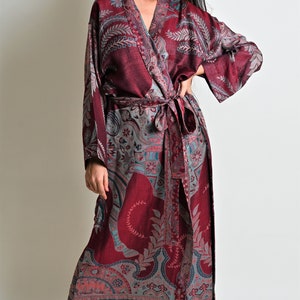 Wine Red Silk Wool Kimono Robe: Reversible Lounge Wear
