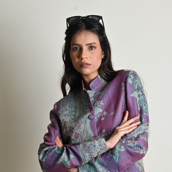 Purple Floral Designer Jacket, Jacket for Women, Silk Jacket, Women Cashmere Jacket, Women Wedding Jacket, Nehru Collar Jacket, Gift for Her
