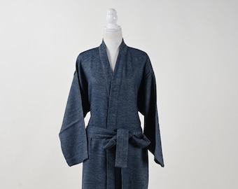 Cerulean Blue Bamboo Wool Robe: Reversible Kimono Lounge Wear
